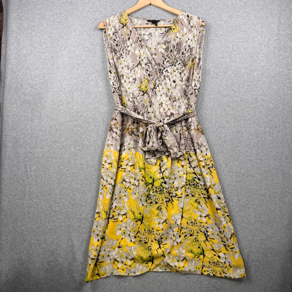 NIC+ZOE Dress Womens Large Yellow Grey Floral Sleeveless Belted Faux Wrap Spring